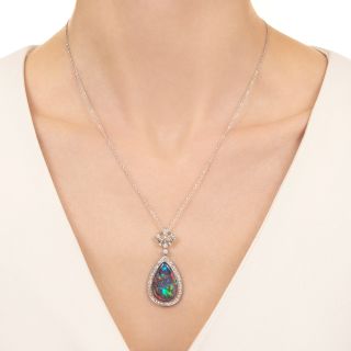 Art Deco Black Opal and Diamond Drop Pendant