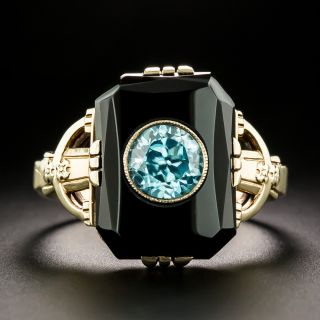 Art Deco Blue Zircon And Onyx Ring - 3