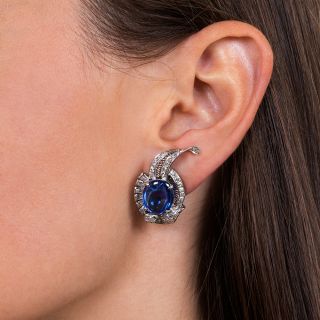 Art Deco Cabochon Ceylon Sapphire, Platinum Diamond Earrings