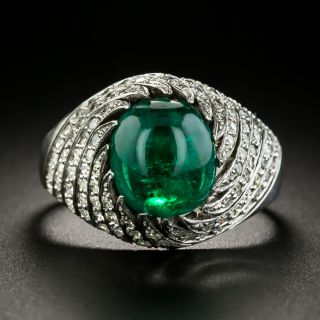 Art Deco Cabochon Emerald and Diamond Swirl Ring - 2