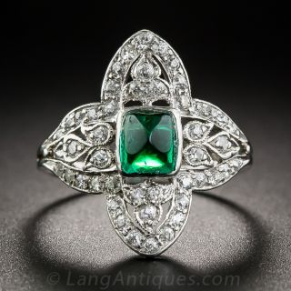  Art Deco Cabochon Emerald Platinum and Diamond Ring