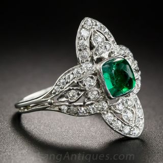  Art Deco Cabochon Emerald Platinum and Diamond Ring