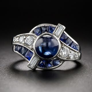 Art Deco Cabochon Sapphire, Diamond and Synthetic* Sapphire Ring - 2