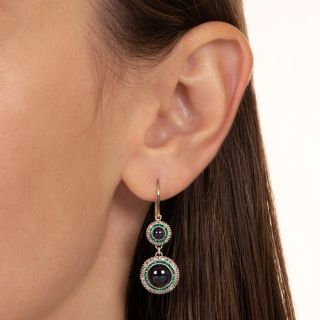Art Deco Cabochon Sapphire, Emerald and Diamond Drop Earrings 