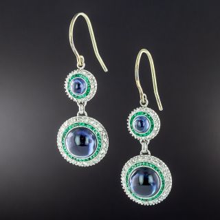 Art Deco Cabochon Sapphire, Emerald and Diamond Drop Earrings  - 2