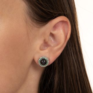 Art Deco Cabochon Sapphire, Emerald and Diamond Earrings 