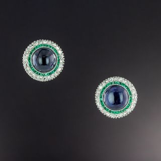 Art Deco Cabochon Sapphire, Emerald and Diamond Earrings  - 2