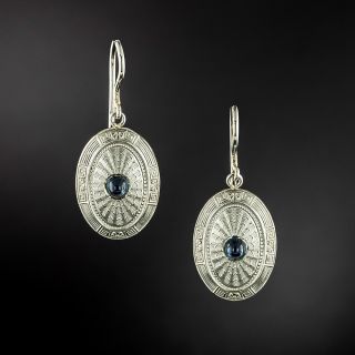 Art Deco Cabochon Sapphire Engraved Oval Earrings  - 2