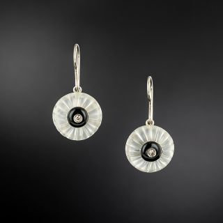 Art Deco Camphor Glass, Onyx and Diamond Carved Dome Earrings - 2