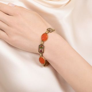 Art Deco Carnelian and Blossom Enamel Link Bracelet