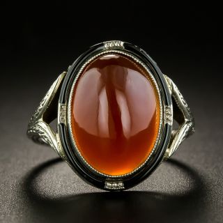 Art Deco Carnelian and Enamel Ring, Size 4 1/4 - 1