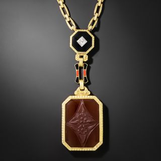 Art Deco Carnelian, Onyx, and Diamond Necklace - 3