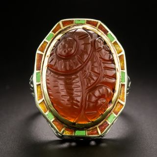 Art Deco Carved Carnelian and Enamel Ring - 3