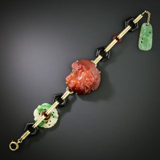 Art Deco Carved Carnelian, Jade and Onyx Bracelet - 3