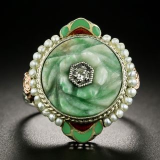 Art Deco Carved Jade and Diamond Flower Ring by F.W. Weaver - 2