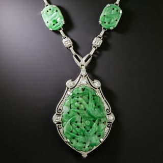 Art Deco Carved Jade And Diamond Necklace/Brooch - 2