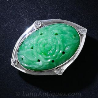 Art Deco Carved Jade and Diamond Pin - 1
