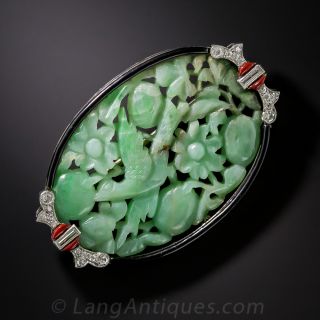 Art Deco Carved Jade, Diamond and Enamel Brooch - 3