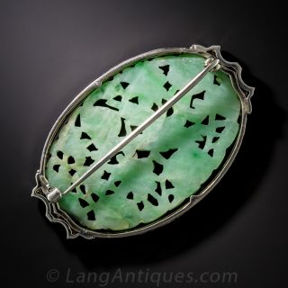 Art Deco Carved Jade, Diamond and Enamel Brooch