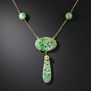 Art Deco Carved Natural Jade Dangle Necklace - 3
