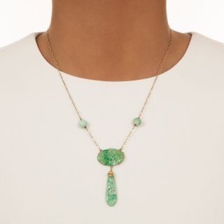 Art Deco Carved Natural Jade Dangle Necklace