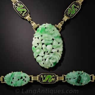 Art Deco Carved Natural Jade, Enameled Necklace and Bracelet