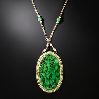 Art Deco Carved Natural Jade Necklace  - 3