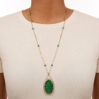 Art Deco Carved Natural Jade Necklace 