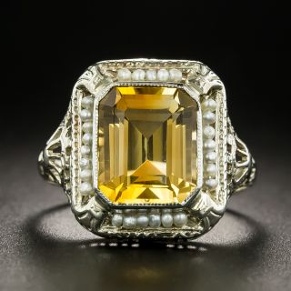 Art Deco Citrine and Seed Pearl Filigree Ring - 3