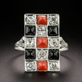 Art Deco Coral and Onyx Checkerboard Ring - 3