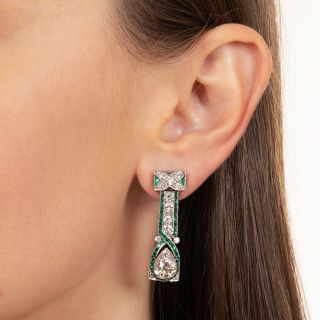 Art Deco Diamond and Calibre Emerald Drop Earrings