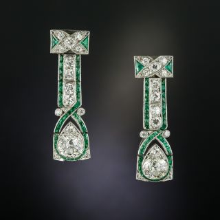  Art Deco Diamond and Calibre Emerald Drop Earrings - 3