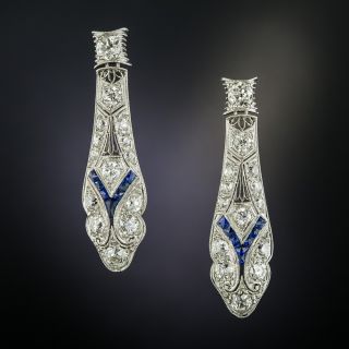 Art Deco Diamond and Calibre Sapphire Drop Earrings  - 4