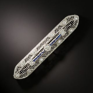 Art Deco Diamond and Calibre Sapphire Filigree Bar Pin - 1