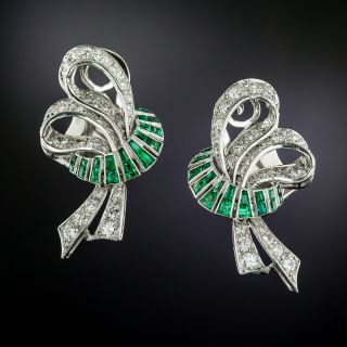 Art Deco Diamond and Emerald Bow Earrings  - 1