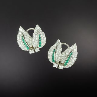 Art Deco Diamond and Emerald Double Leaf Earrings - 2