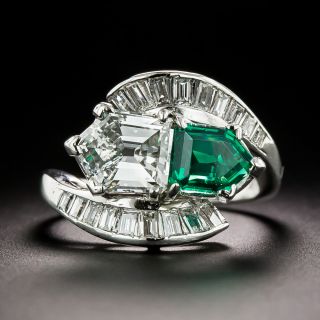 Art Deco Diamond and Emerald Toi et Moi Ring - GIA F SI1 / F1 - 2