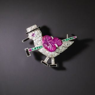 Art Deco Diamond And Gem-Set Bird with Walking Stick Brooch - 2