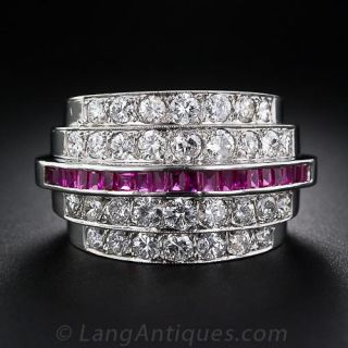 Art Deco  Diamond and Ruby Five Row Ring - 1
