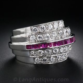 Art Deco  Diamond and Ruby Five Row Ring