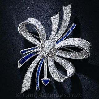 Art Deco Diamond and Sapphire Bow Brooch By Fougeray - 1