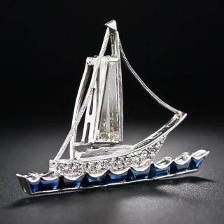 Art Deco Diamond and Sapphire Sailboat Clip Pin - 1