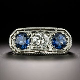 Art Deco Diamond and Sapphire Three-Stone Ring - GIA - 3