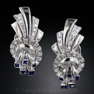 Art Deco Diamond and Synthetic Sapphire Earrings - 1