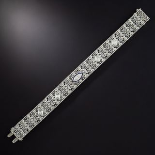 Art Deco Diamond and Synthetic Sapphire Wide Filigree Bracelet - 1
