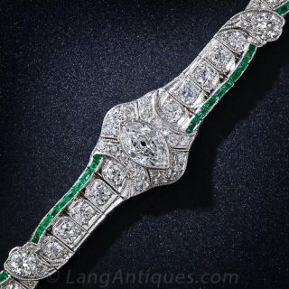 Art Deco Diamond, Calibre Emerald and Platinum Bracelet