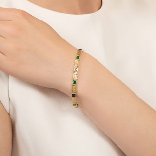 Art Deco Diamond, Emerald and Sapphire Line Bracelet