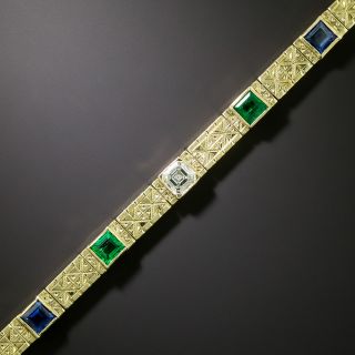 Art Deco Diamond, Emerald and Sapphire Line Bracelet - 2