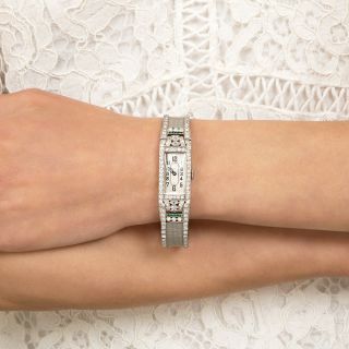 Art Deco Diamond Emerald Platinum Mesh Bracelet Watch