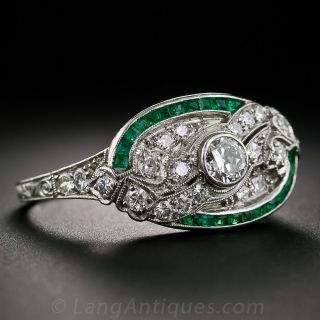 Art Deco Diamond Ring with Calibre Emeralds